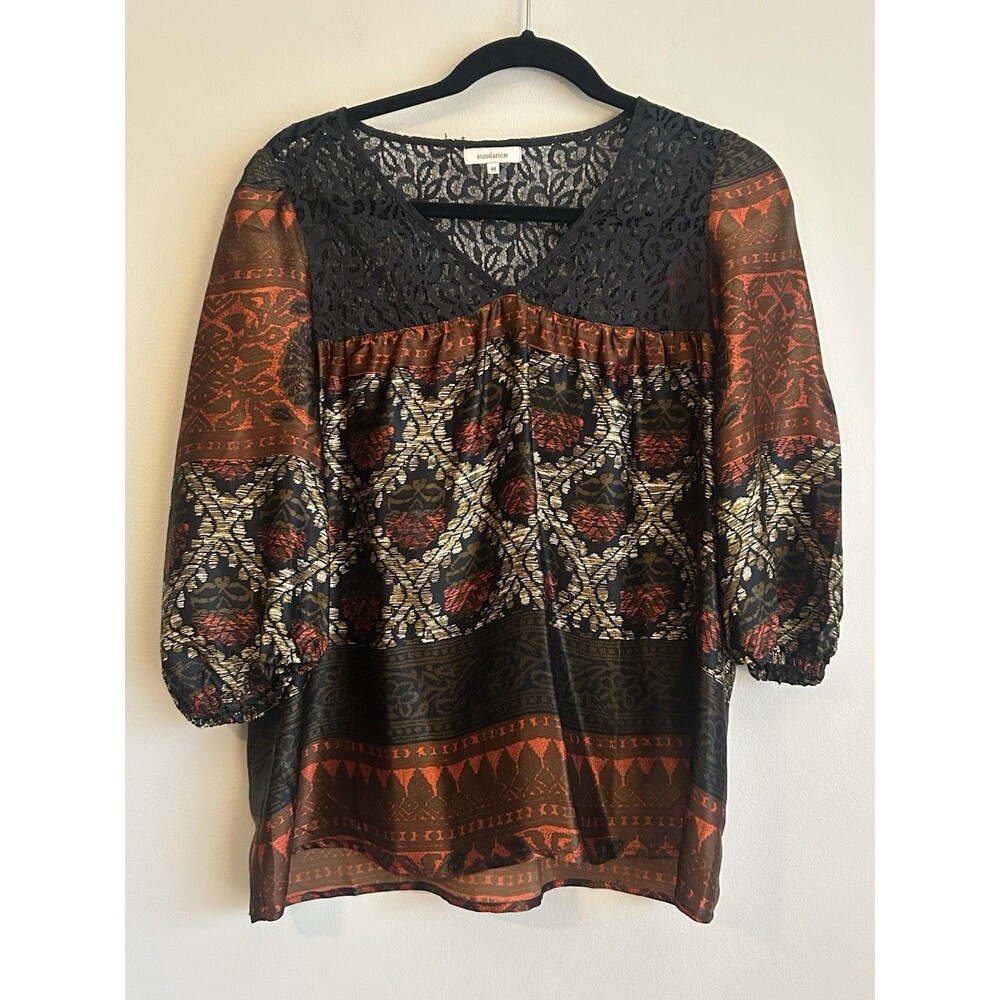 Gorgeous Sundance Catalog 100% Silk Lace V Neck Boho Blouse Top Shirt Medium M